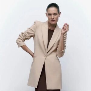 Zara Beige Long Single-Button Blazer